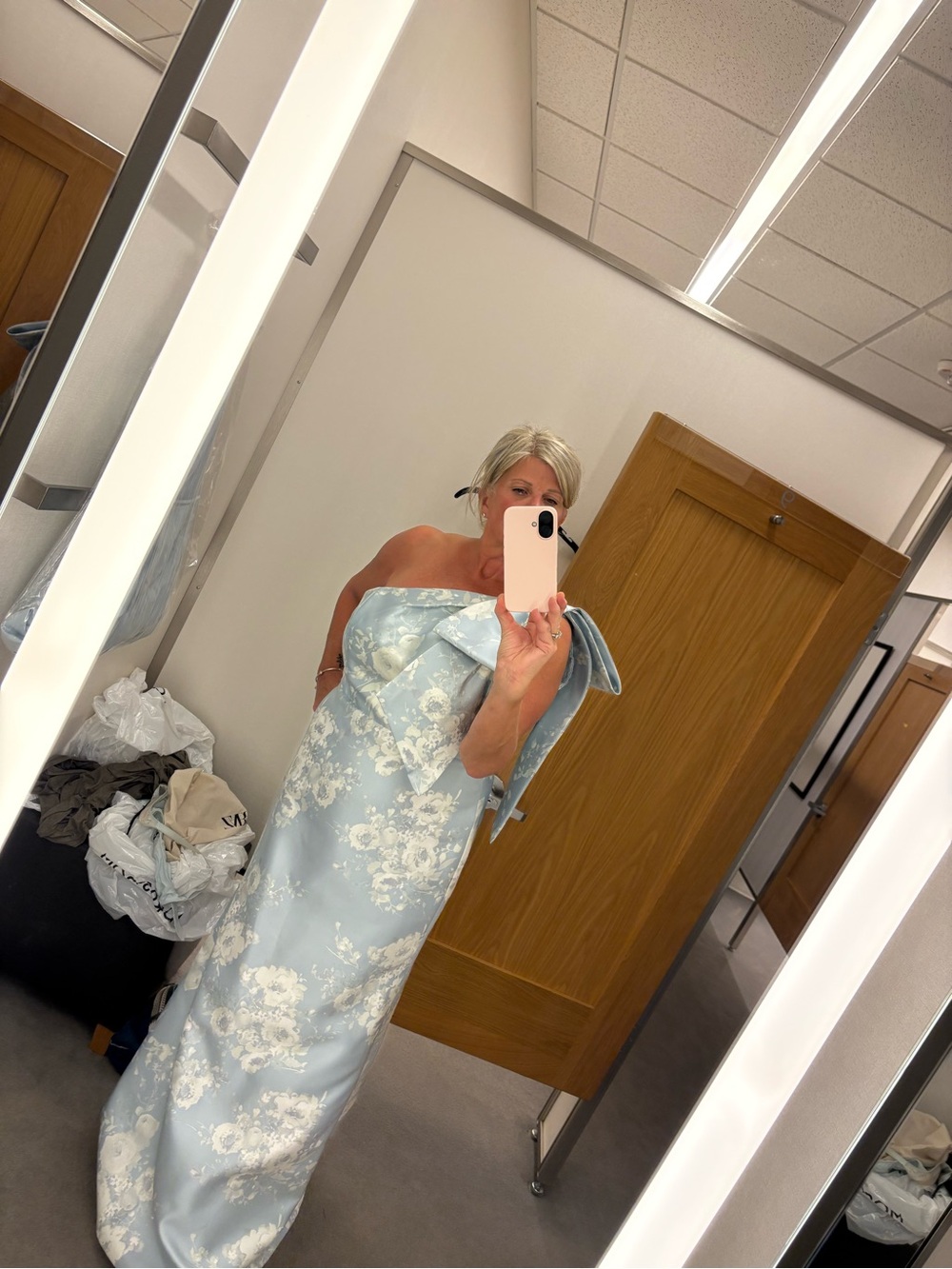 ALFRED SUNG One-Shoulder Pale Blue and Ivory Floral Jacquard Gown - Picture 3 of 7